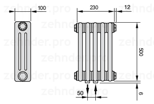 Схема (чертеж) Радиатор Zehnder Charleston 3050/5 №5410 Белый глянцевый RAL 9016